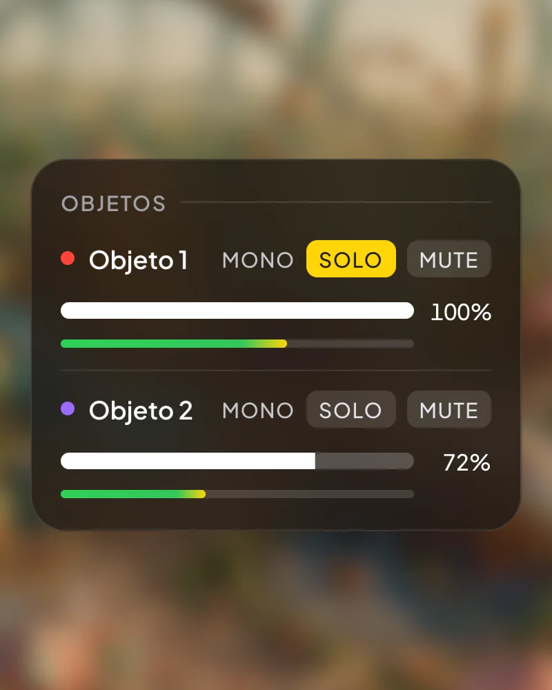 El mezclador sobre la imagen desenfocada de un parque de diversiones: el Objeto 1 con solo activado y ganancia al 100 %, y el Objeto 2 al 72 %, cada uno con su medidor y sus botones solo y mute.