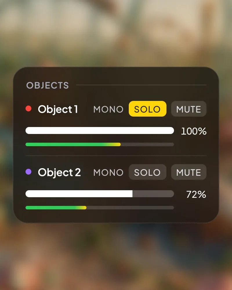 The mixer over a blurred image of an amusement park: Object 1 soloed with its gain at 100%, and Object 2 at 72%, each with its meter and its solo and mute buttons.