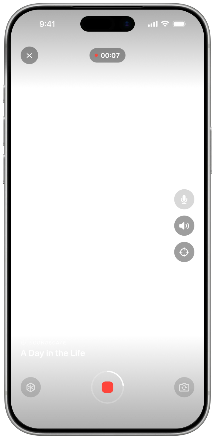 The app's camera recording on an iPhone: everyday scenes, from a concert and a dance floor to dogs and a kitten in a field, while the soundscape A Day in the Life plays.