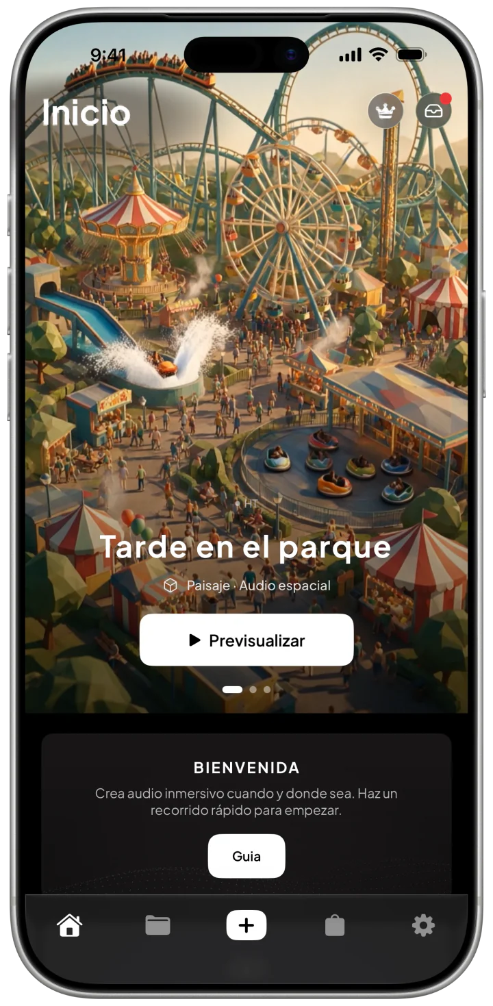La pantalla de Inicio en un iPhone: el carrusel muestra el paisaje sonoro Tarde en el parque, con el botón Previsualizar y la barra de pestañas.