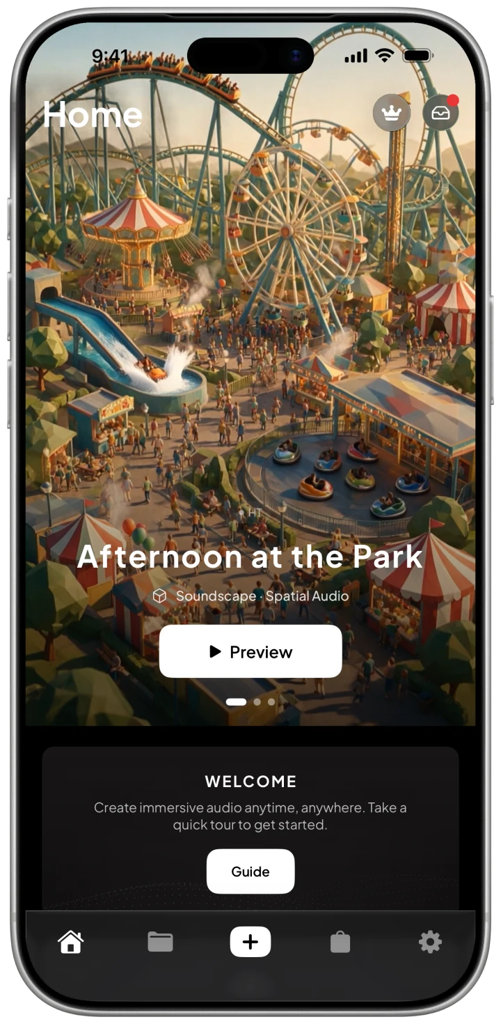 The Home screen on an iPhone: the carousel shows the soundscape Afternoon at the Park, with the Preview button and the tab bar.