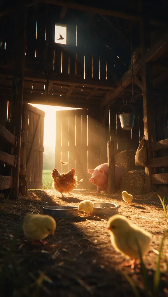 Gallinas, pollitos y un cerdo dentro de un granero de madera mientras entra la luz del amanecer por el portón.