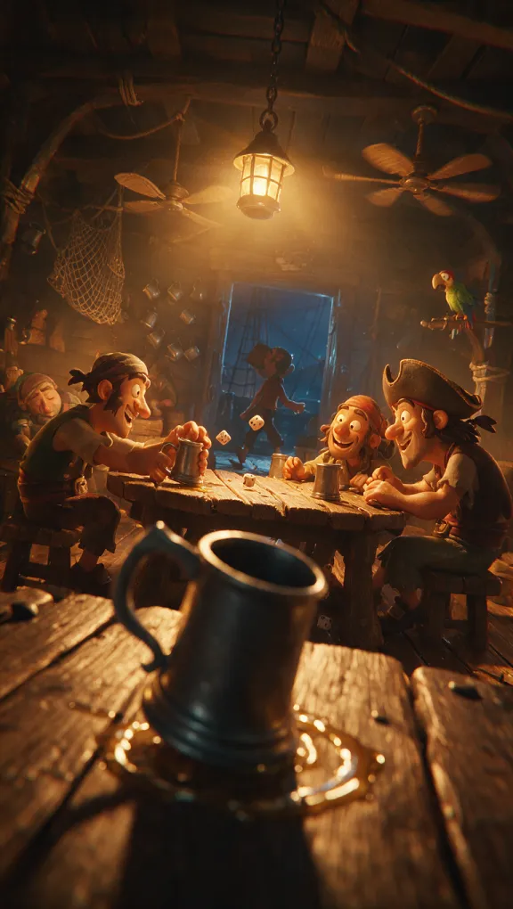 Piratas riendo alrededor de una mesa de taberna, con una jarra de peltre en primer plano bajo la luz de un farol.