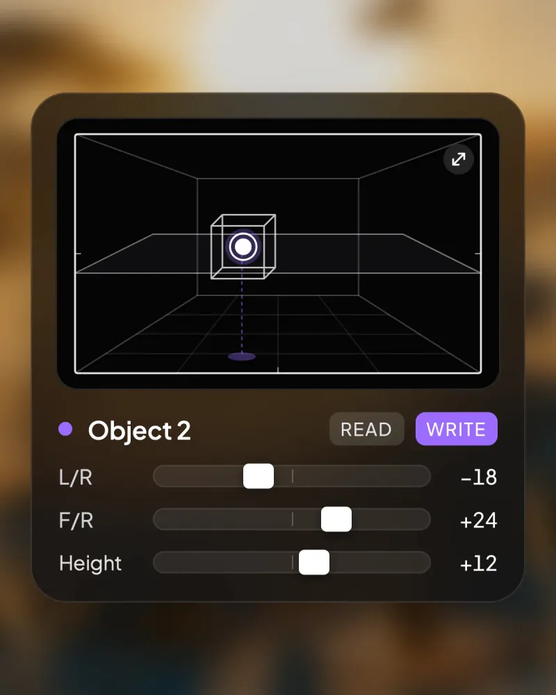 The Panner panel over a blurred image of a savanna at dawn: the 3D box of the room with the violet Object 2 inside its cube, and below it its L/R controls at −18, F/R at +24 and Height at +12, with automation writing on.